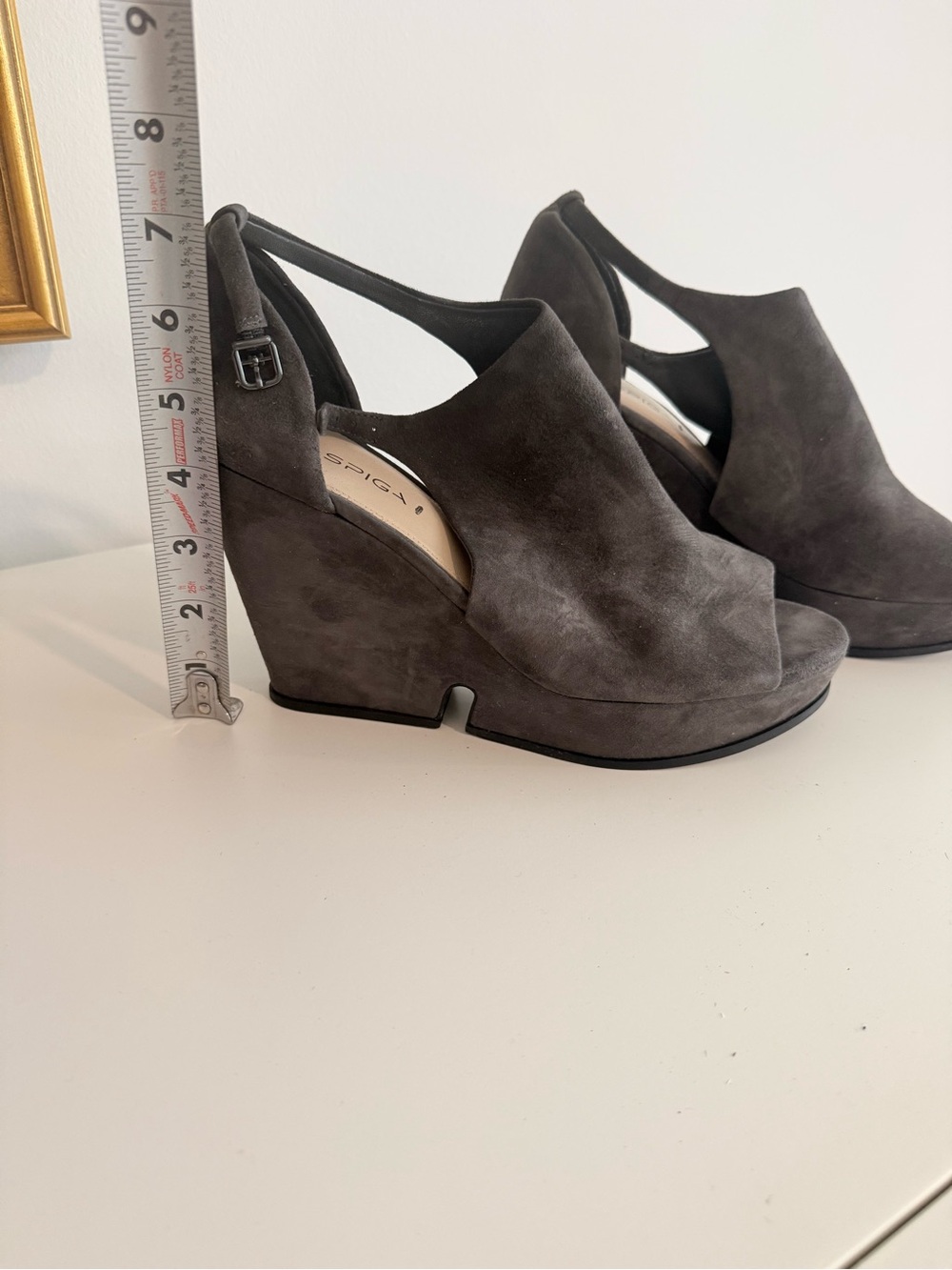 Via Spiga Charcoal Suede Wedge Peep-Toe Slingback Sandals 9.5 - Picture 3 of 8